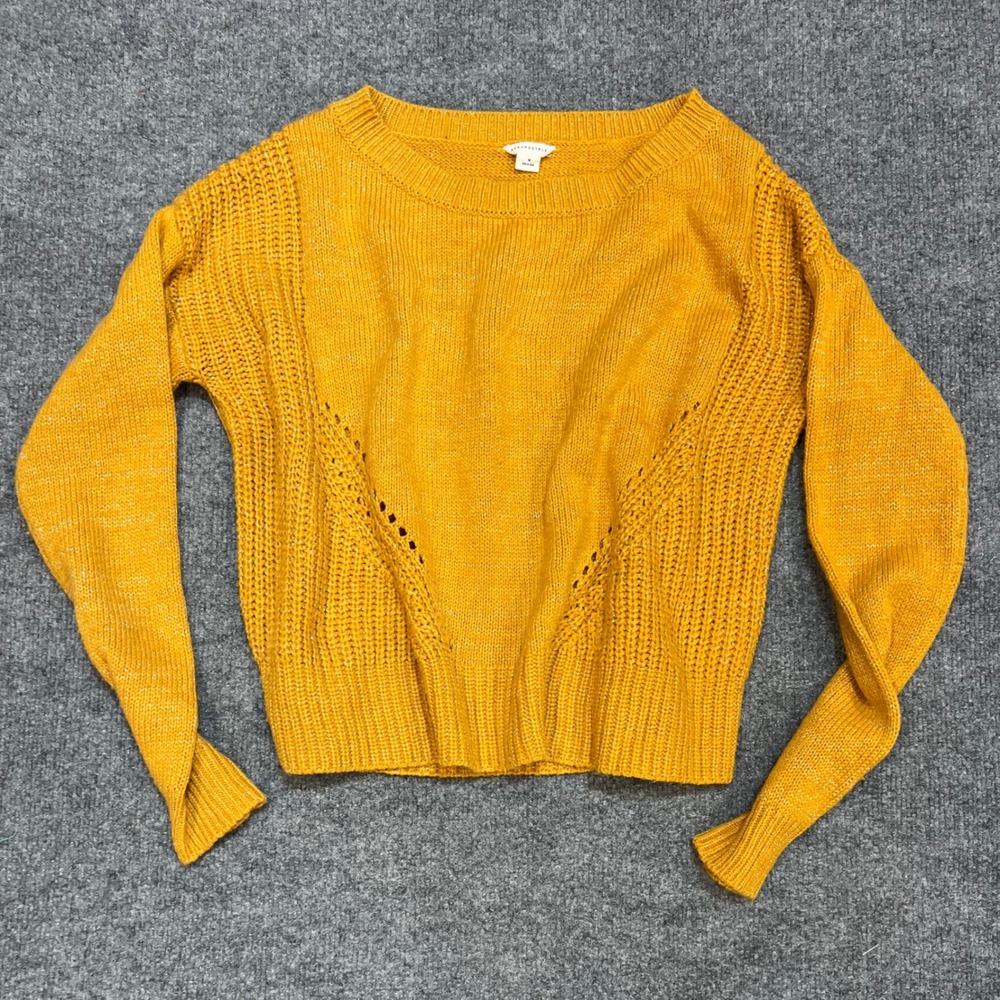 Aeropostale Sweater Womens M Yellow Metallic Knit Pointelle Crew Neck